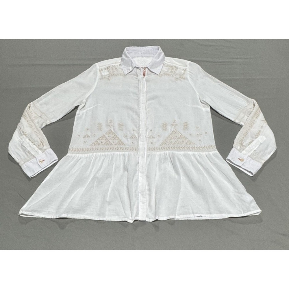 Johnny Was 3J Workshop White Embroidered Peplum Blouse Women's Small Boho Cotton